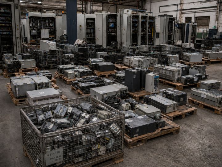 Paletten mit Frequenzumrichtern und Antriebstechnik aus einem Firmenbestand