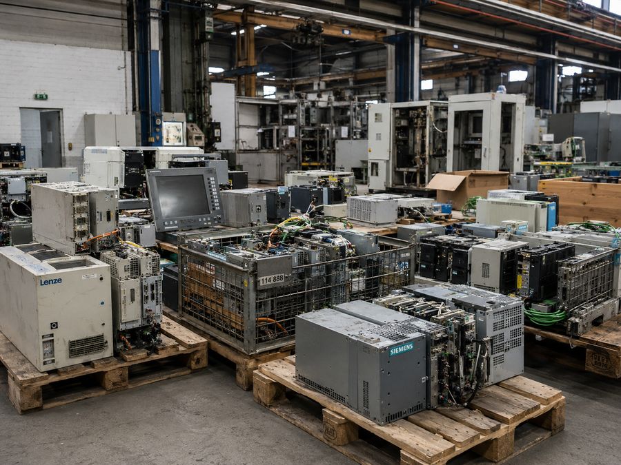Paletten und Regale mit Automatisierungstechnik aus einem Firmenlager
