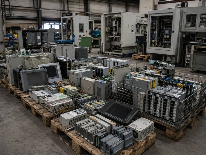 Paletten mit SPS-Baugruppen, HMI-Panels und Steuerungstechnik aus einem Firmenbestand