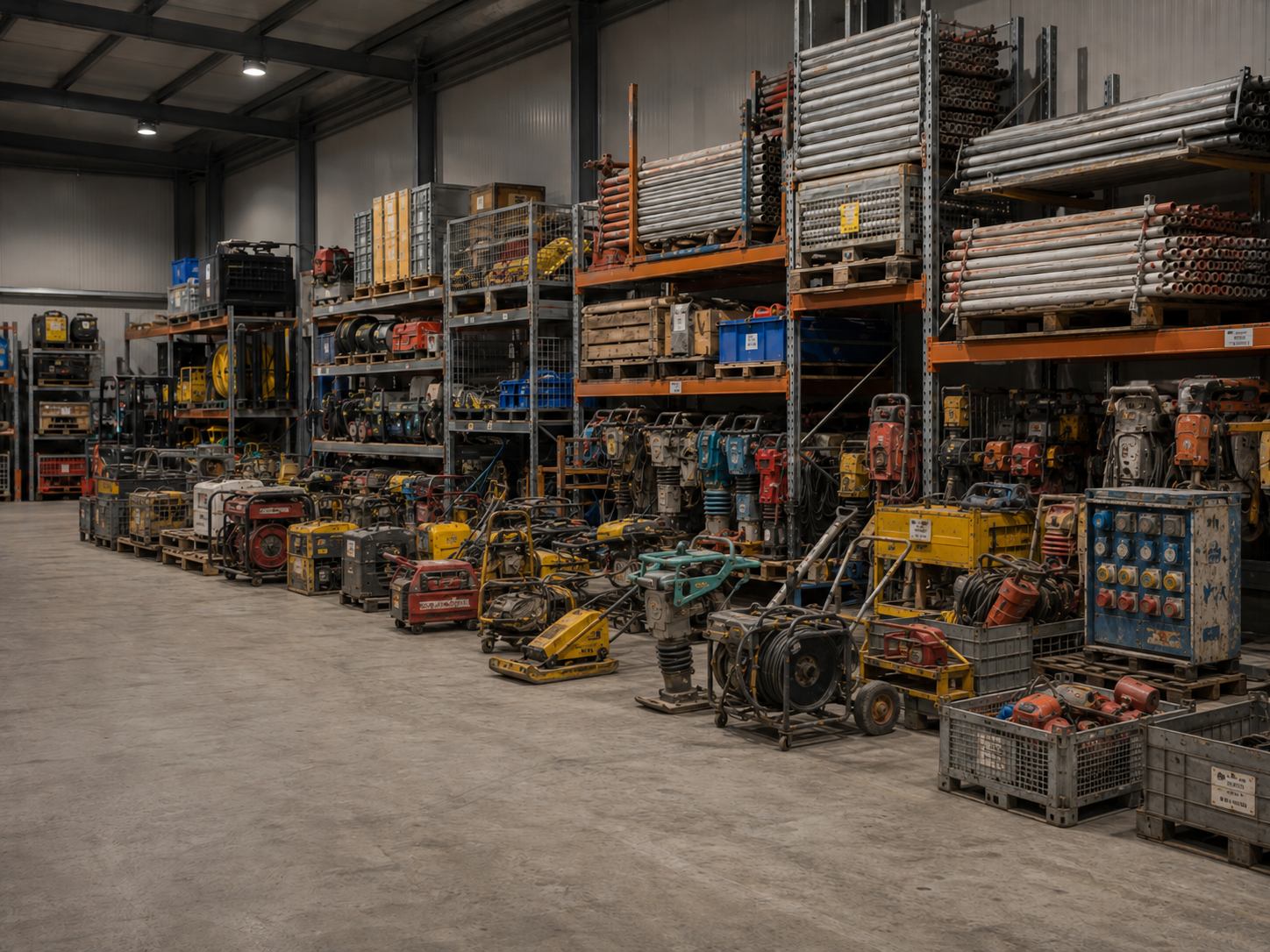 Baustellentechnik, Baugeräte, Gerüstteile und Baustromverteiler im Lager