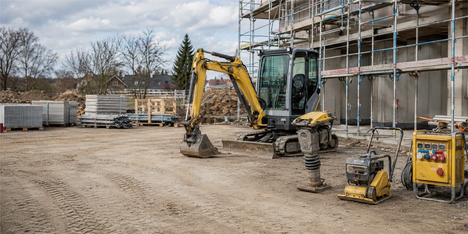 Baustellentechnik mit Minibagger, Verdichter und Baustromverteiler