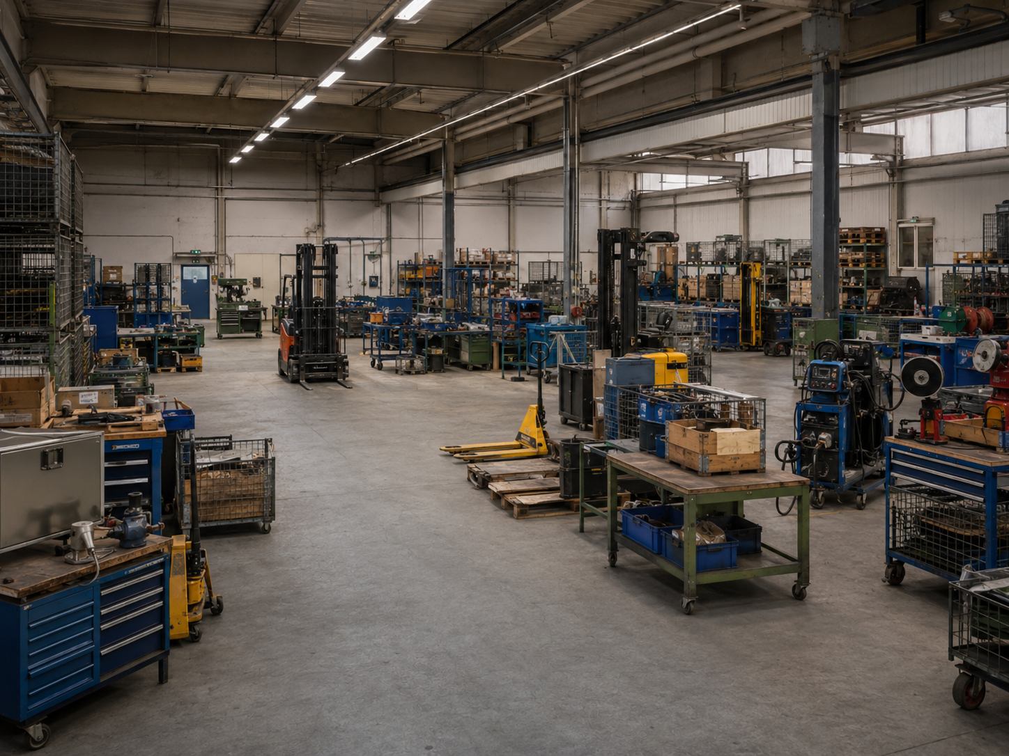 Lagerhalle mit Lagertechnik, Werkzeugen, Hubwagen und Betriebseinrichtungen